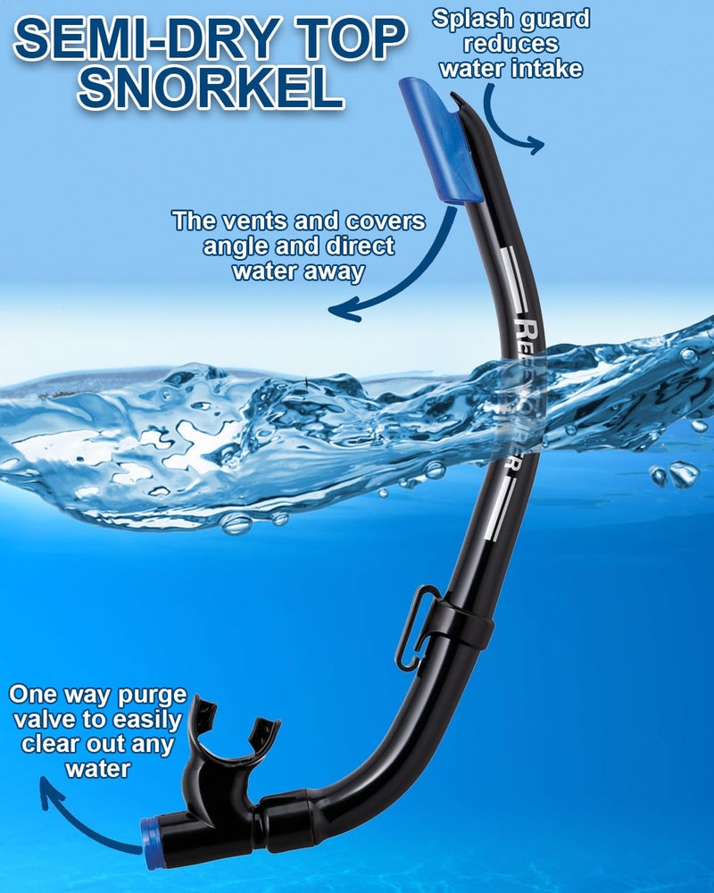 Reef Tourer RC0105 Adult Single-Window Mask & Snorkel Set, Semi-Dry Top, Purge Valve, Panoramic Wide View Tempered Glass Lens, Snorkeling Gear for Ages 10+ with Reusable Mesh Bag, Black/Metallic Blue - Image 4